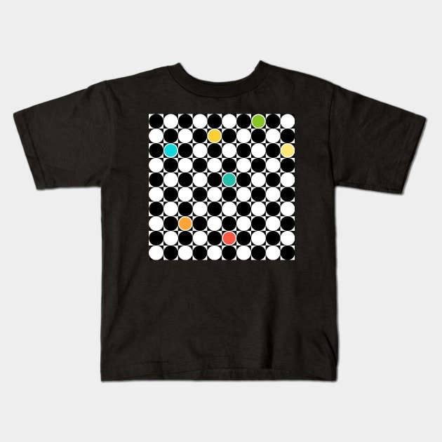 Black and white repeating pattern with colorful dots Kids T-Shirt by marina63